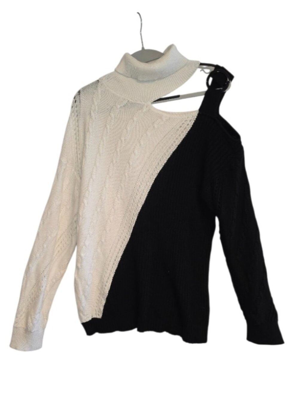 CDM Turtleneck Asymmetrical Cable Knit Sweater Sz M Whimsigoth Statement Piece